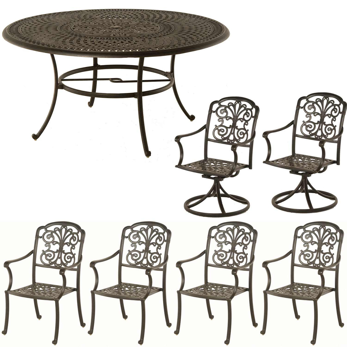 Hanamint Bella 60&quot; Round Inlaid Lazy Susan Table, 4 Chairs, 2 Swivel Chairs