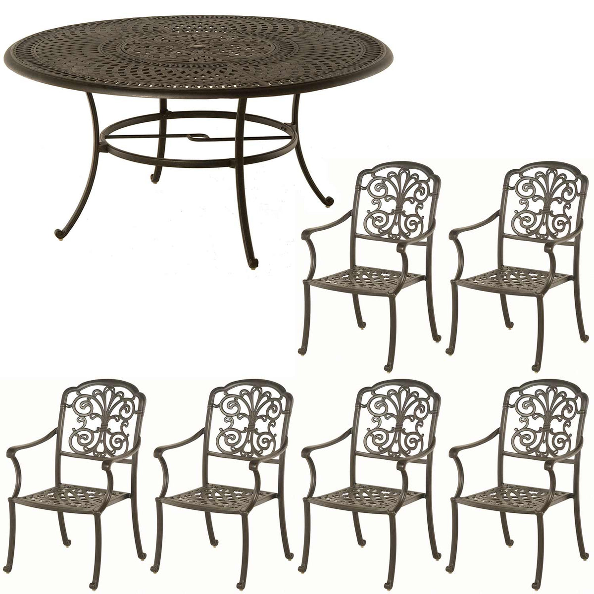 Hanamint Bella 60&quot; Round Inlaid Lazy Susan Table, 6 Chairs