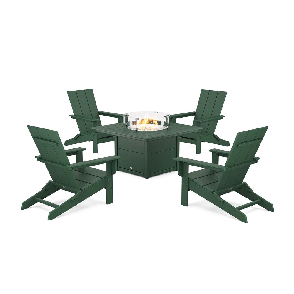 POLYWOOD® 5-Piece Modern Studio Folding Adirondack Conversation Set with Fire Pit Table - PWS1976-1 Dining Set POLYWOOD®