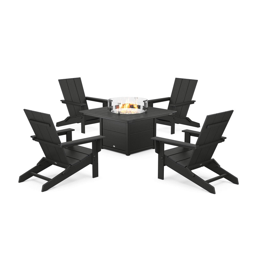 POLYWOOD® 5-Piece Modern Studio Folding Adirondack Conversation Set with Fire Pit Table - PWS1976-1 Dining Set POLYWOOD®