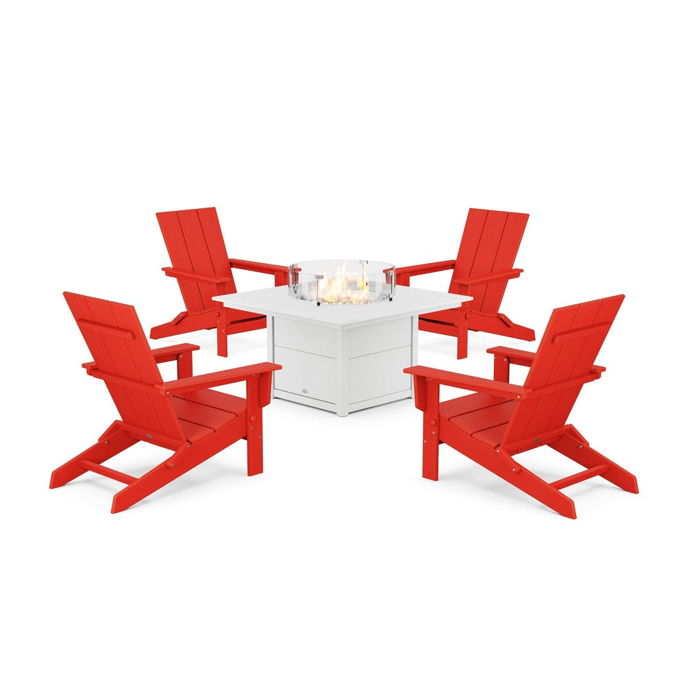 POLYWOOD® 5-Piece Modern Studio Folding Adirondack Conversation Set with Fire Pit Table - PWS1976-1 Dining Set POLYWOOD®