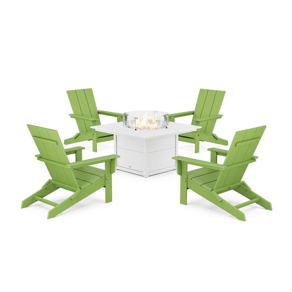 POLYWOOD® 5-Piece Modern Studio Folding Adirondack Conversation Set with Fire Pit Table - PWS1976-1 Dining Set POLYWOOD®
