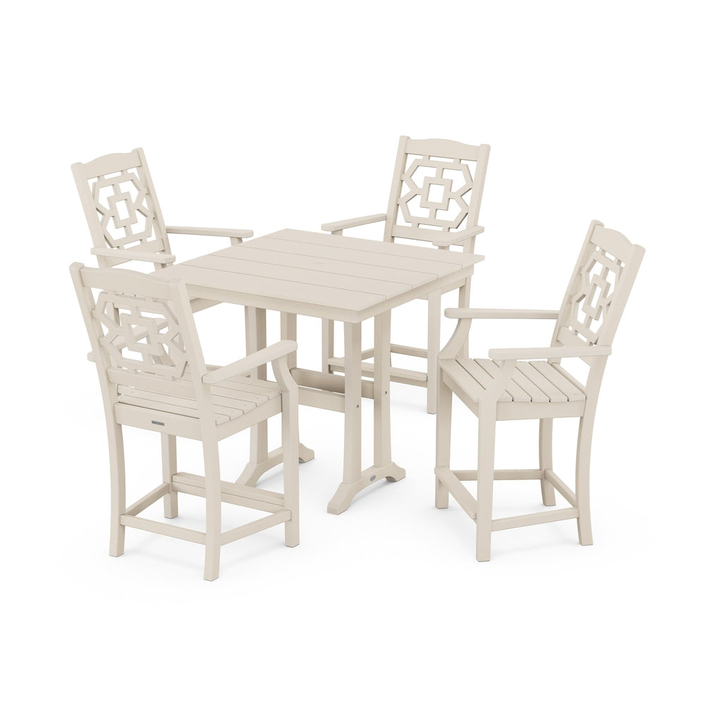 Chinoiserie 5-Piece Farmhouse Counter Set with Trestle Legs - Sand