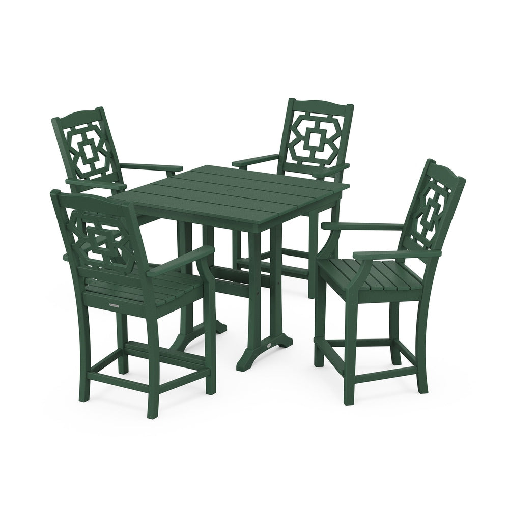 Chinoiserie 5-Piece Farmhouse Counter Set with Trestle Legs - Green