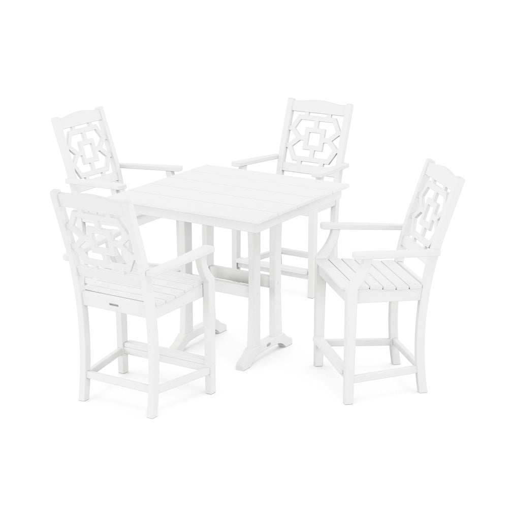 Chinoiserie 5-Piece Farmhouse Counter Set with Trestle Legs - White