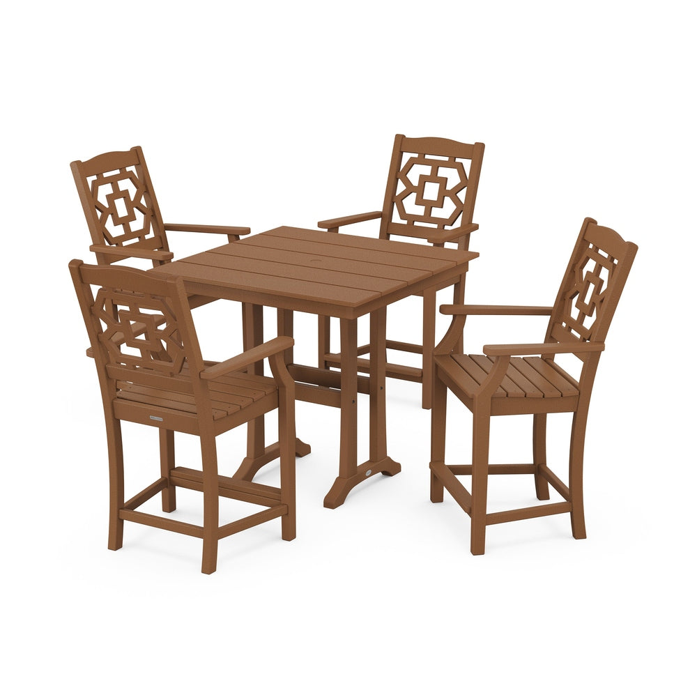 Chinoiserie 5-Piece Farmhouse Counter Set with Trestle Legs - Teak