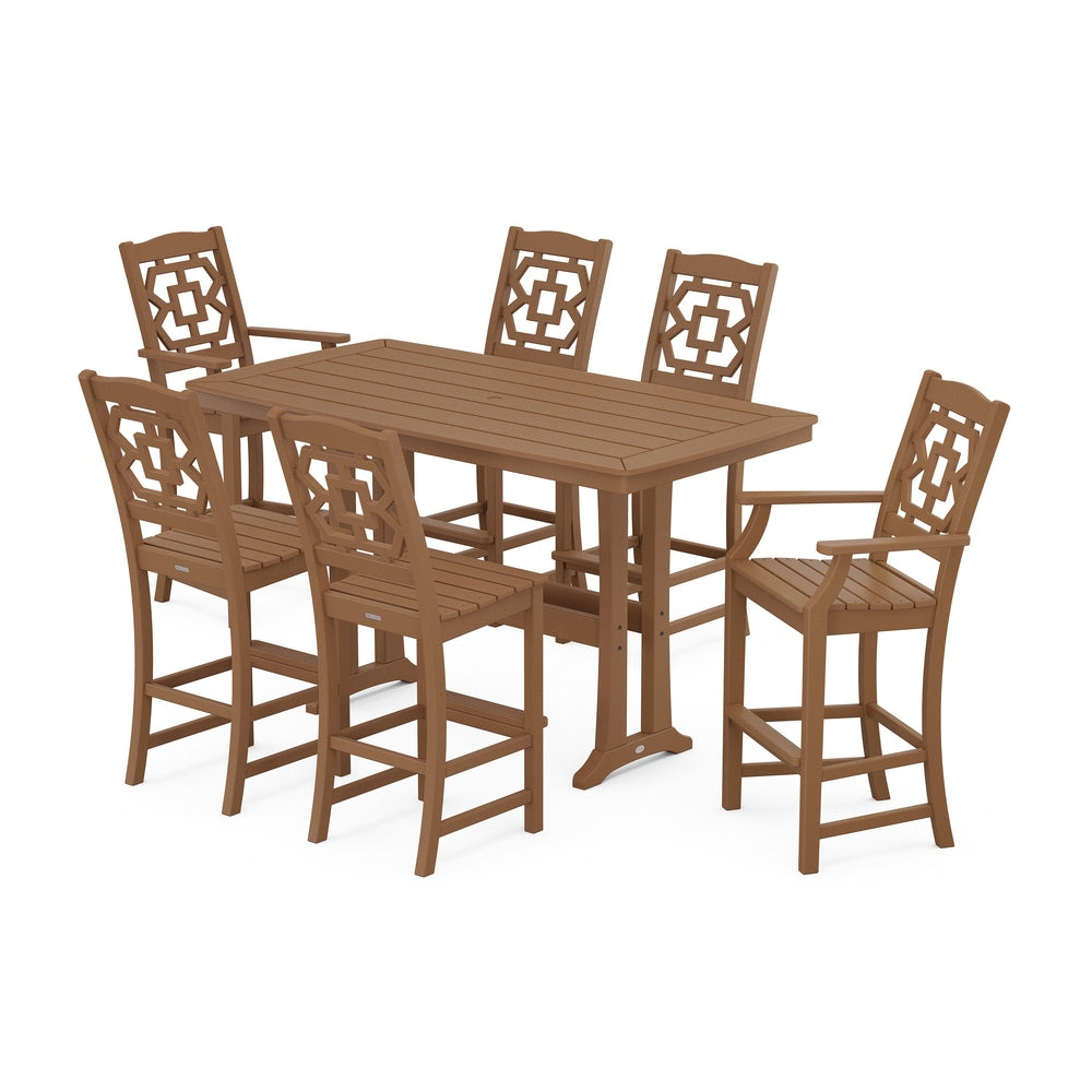 Chinoiserie 7-Piece Bar Set with Trestle Legs - Teak