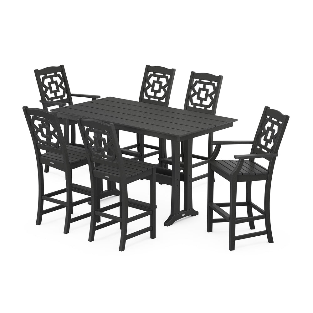 Chinoiserie 7-Piece Farmhouse Bar Set with Trestle Legs - Black
