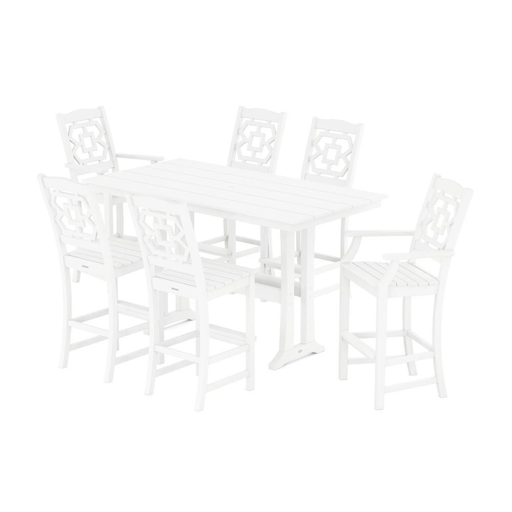 Chinoiserie 7-Piece Farmhouse Bar Set with Trestle Legs - White