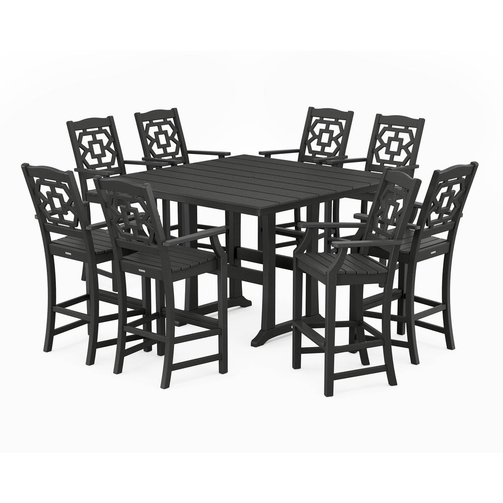 POLYWOOD® Chinoiserie 9-Piece Square Farmhouse Bar Set with Trestle Legs - PWS1615-1 Dining Set POLYWOOD®