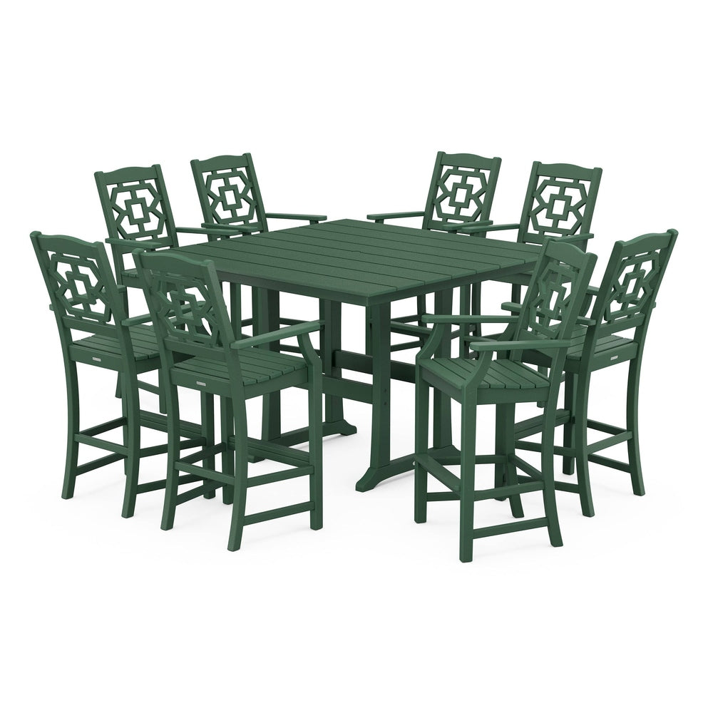 POLYWOOD® Chinoiserie 9-Piece Square Farmhouse Bar Set with Trestle Legs - PWS1615-1 Dining Set POLYWOOD®