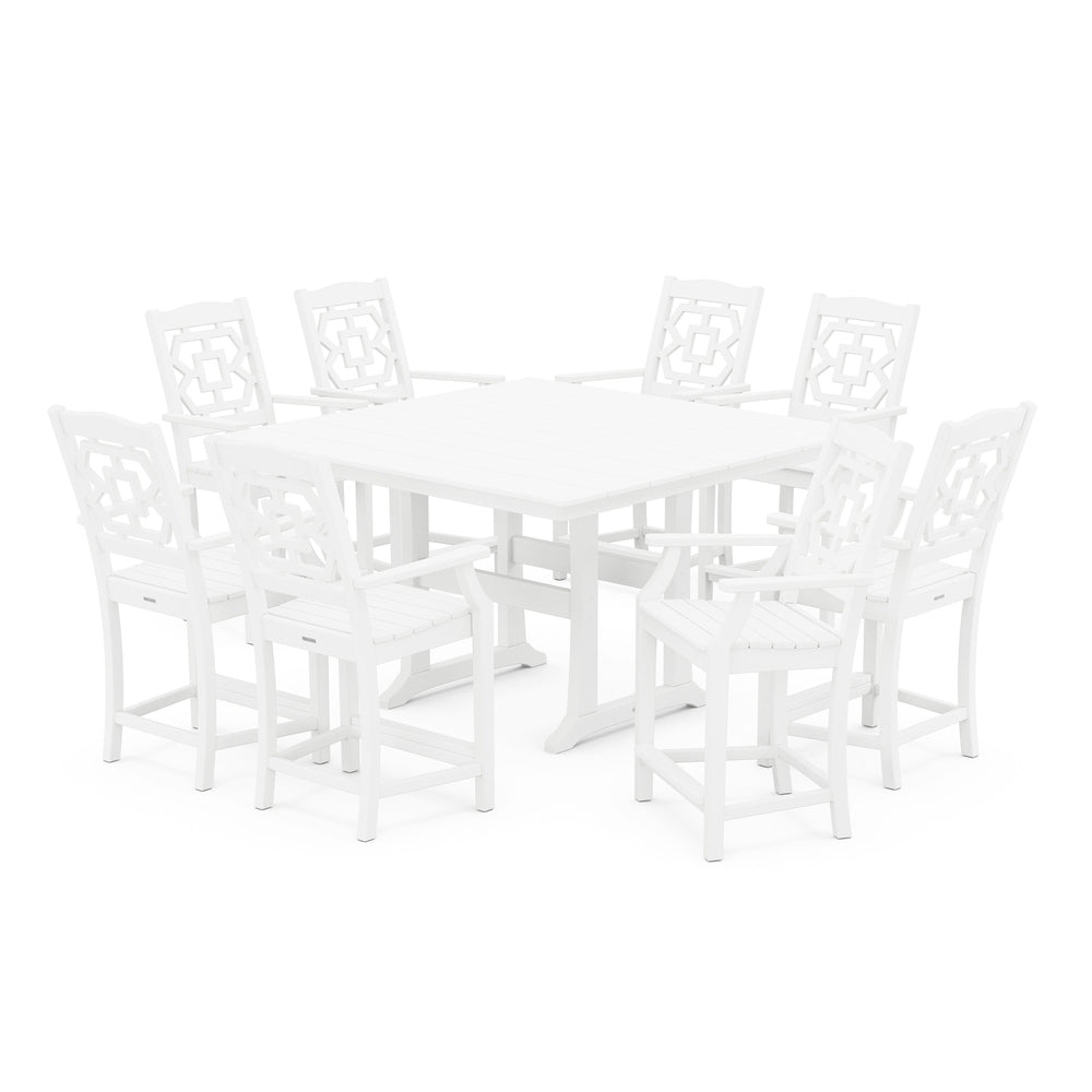 Chinoiserie 9-Piece Square Farmhouse Counter Set with Trestle Legs - White