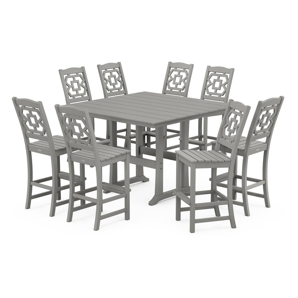POLYWOOD® Chinoiserie 9-Piece Square Farmhouse Side Chair Bar Set with Trestle Legs - PWS1625-1 Dining Set POLYWOOD®