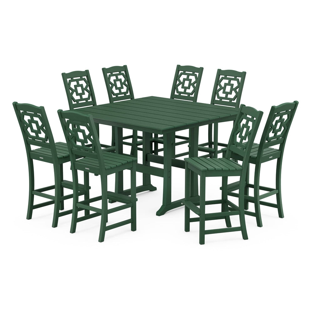 POLYWOOD® Chinoiserie 9-Piece Square Farmhouse Side Chair Bar Set with Trestle Legs - PWS1625-1 Dining Set POLYWOOD®