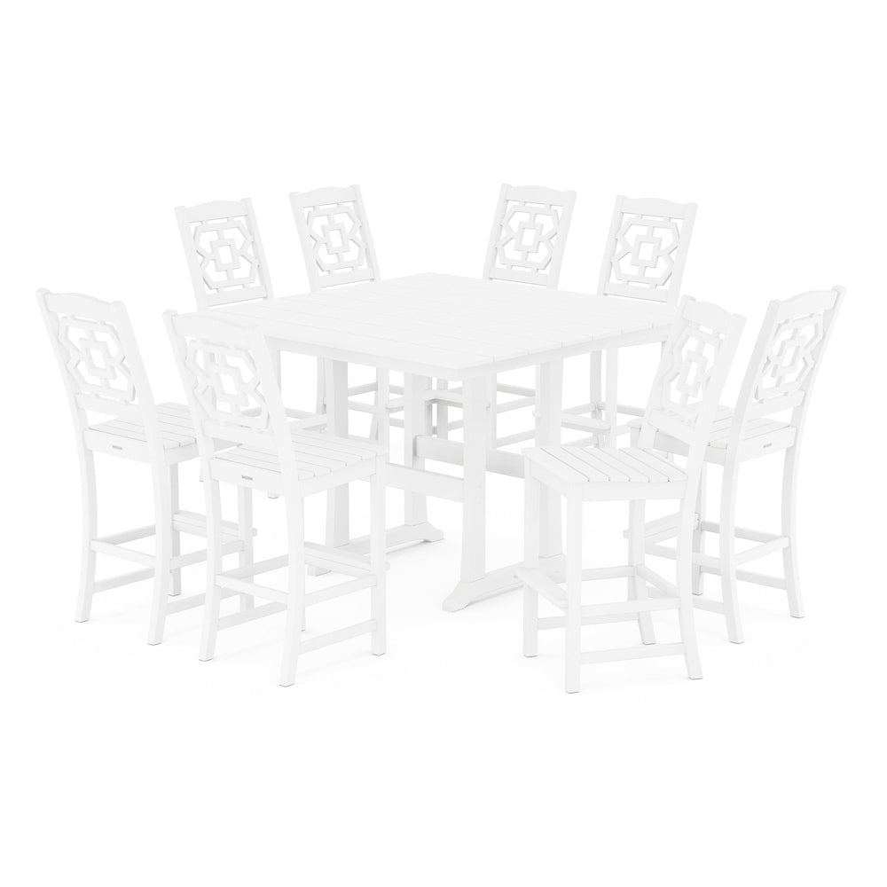 POLYWOOD® Chinoiserie 9-Piece Square Farmhouse Side Chair Bar Set with Trestle Legs - PWS1625-1 Dining Set POLYWOOD®