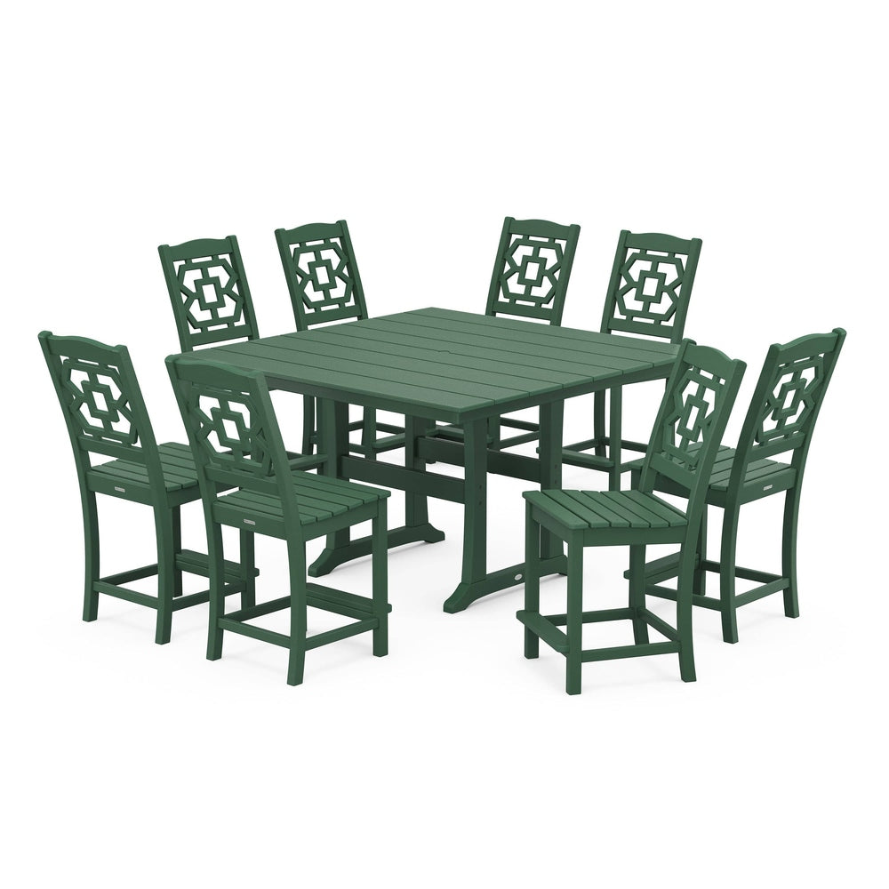 POLYWOOD® Chinoiserie 9-Piece Square Farmhouse Side Chair Counter Set with Trestle Legs - PWS1623-1 Dining Set POLYWOOD®