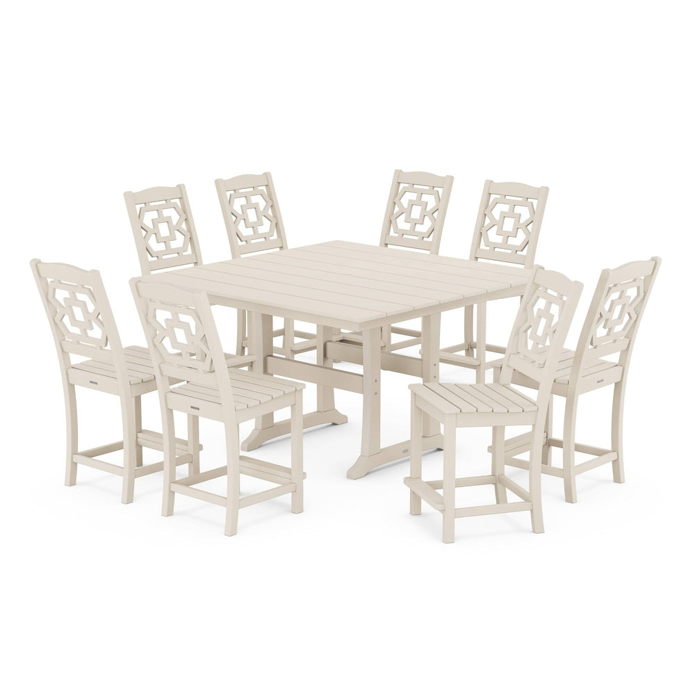 POLYWOOD® Chinoiserie 9-Piece Square Farmhouse Side Chair Counter Set with Trestle Legs - PWS1623-1 Dining Set POLYWOOD®