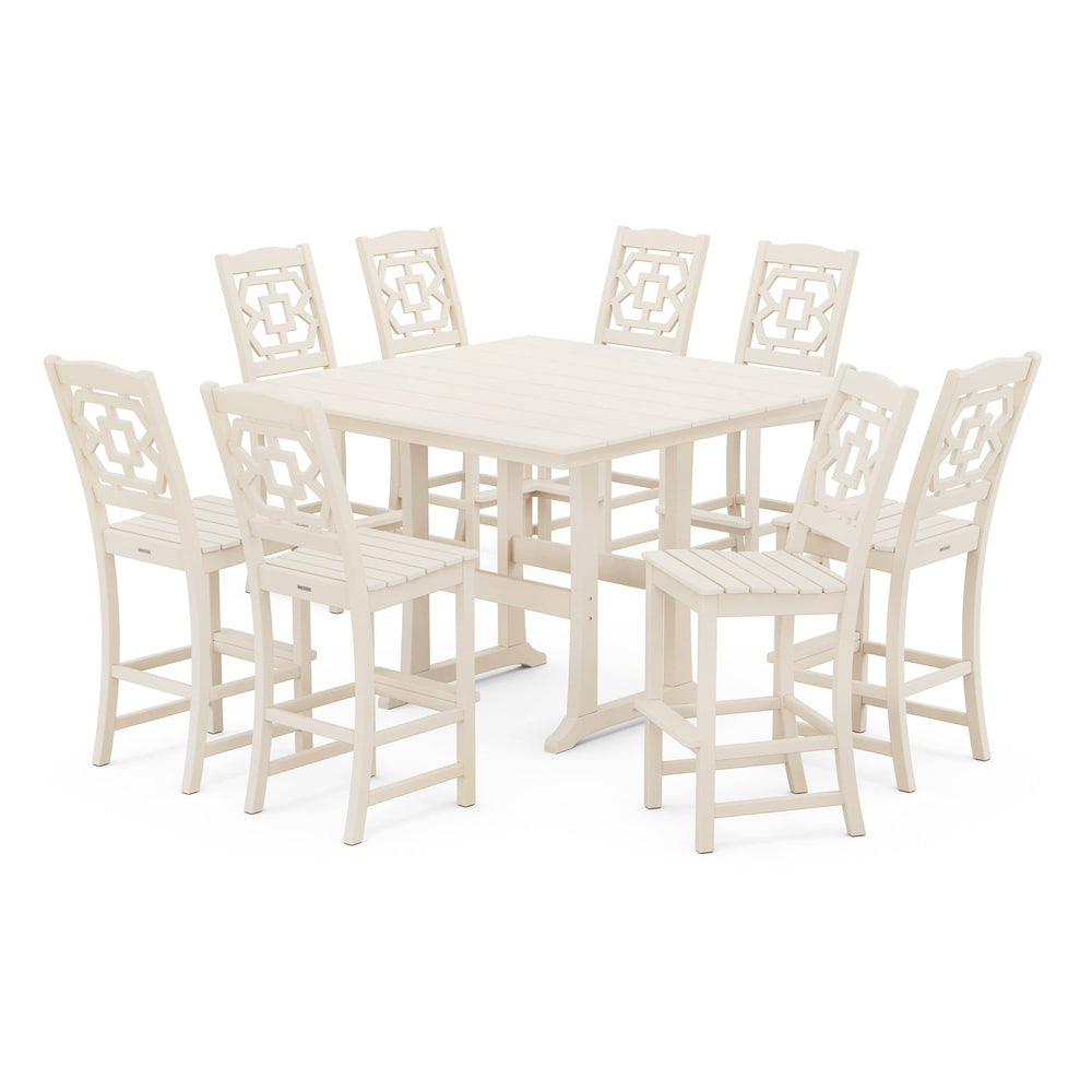 POLYWOOD® Chinoiserie 9-Piece Square Farmhouse Side Chair Bar Set with Trestle Legs - PWS1625-1 Dining Set POLYWOOD®