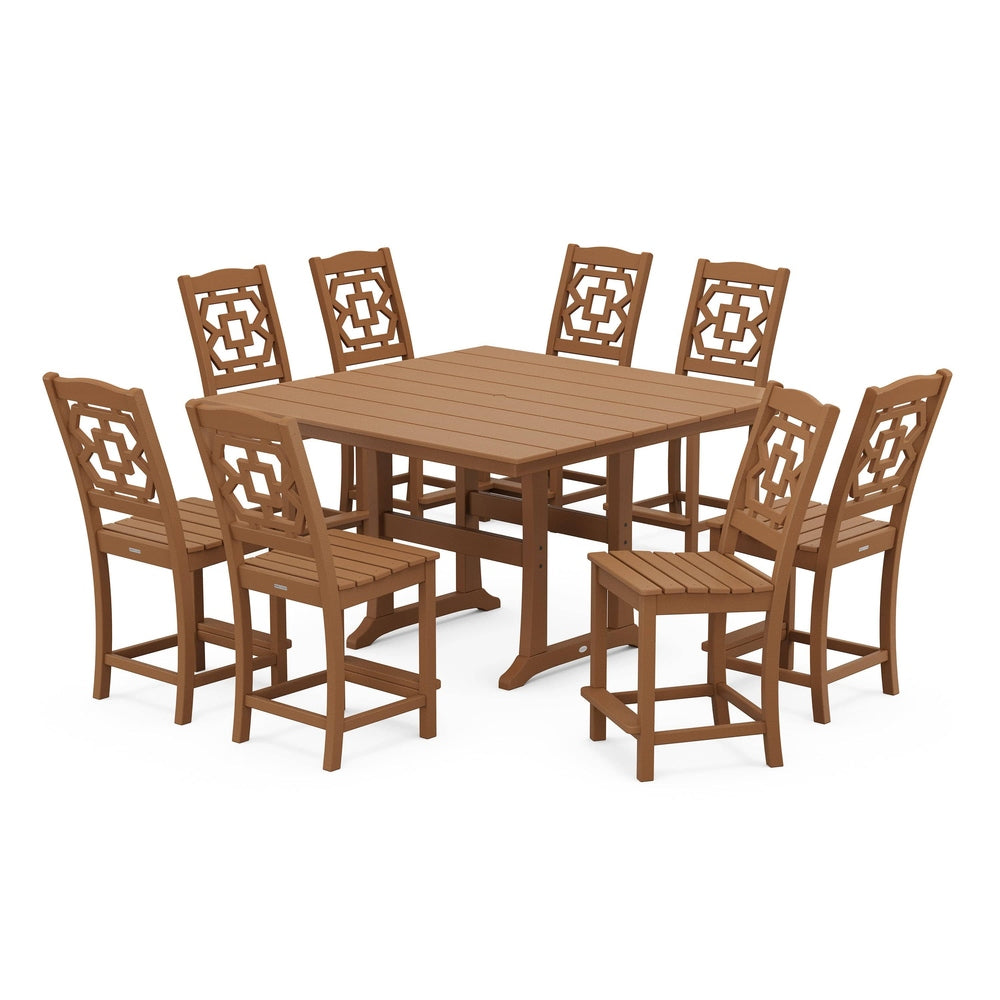 POLYWOOD® Chinoiserie 9-Piece Square Farmhouse Side Chair Counter Set with Trestle Legs - PWS1623-1 Dining Set POLYWOOD®