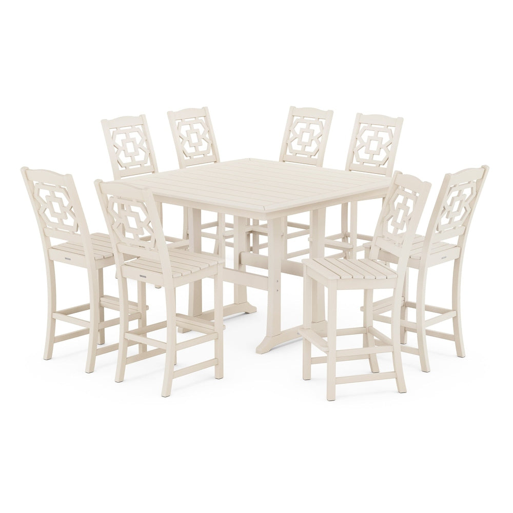 POLYWOOD® Chinoiserie 9-Piece Square Side Chair Bar Set with Trestle Legs - PWS1626-1 Dining Set POLYWOOD®