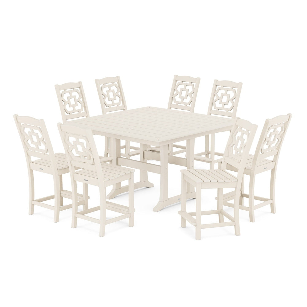 POLYWOOD® Chinoiserie 9-Piece Square Side Chair Counter Set with Trestle Legs - PWS1624-1 Dining Set POLYWOOD®
