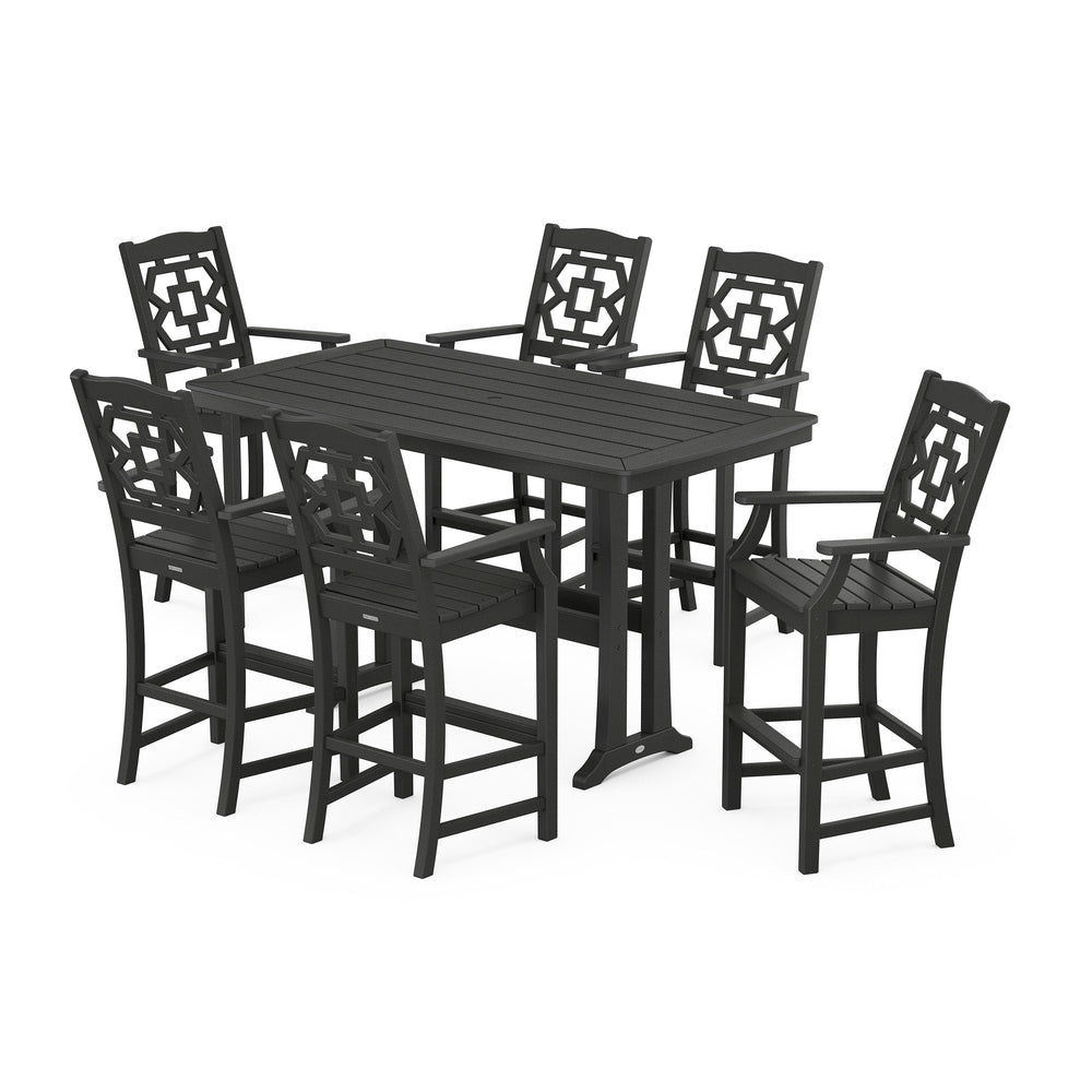 Chinoiserie Arm Chair 7-Piece Bar Set with Trestle Legs - Black