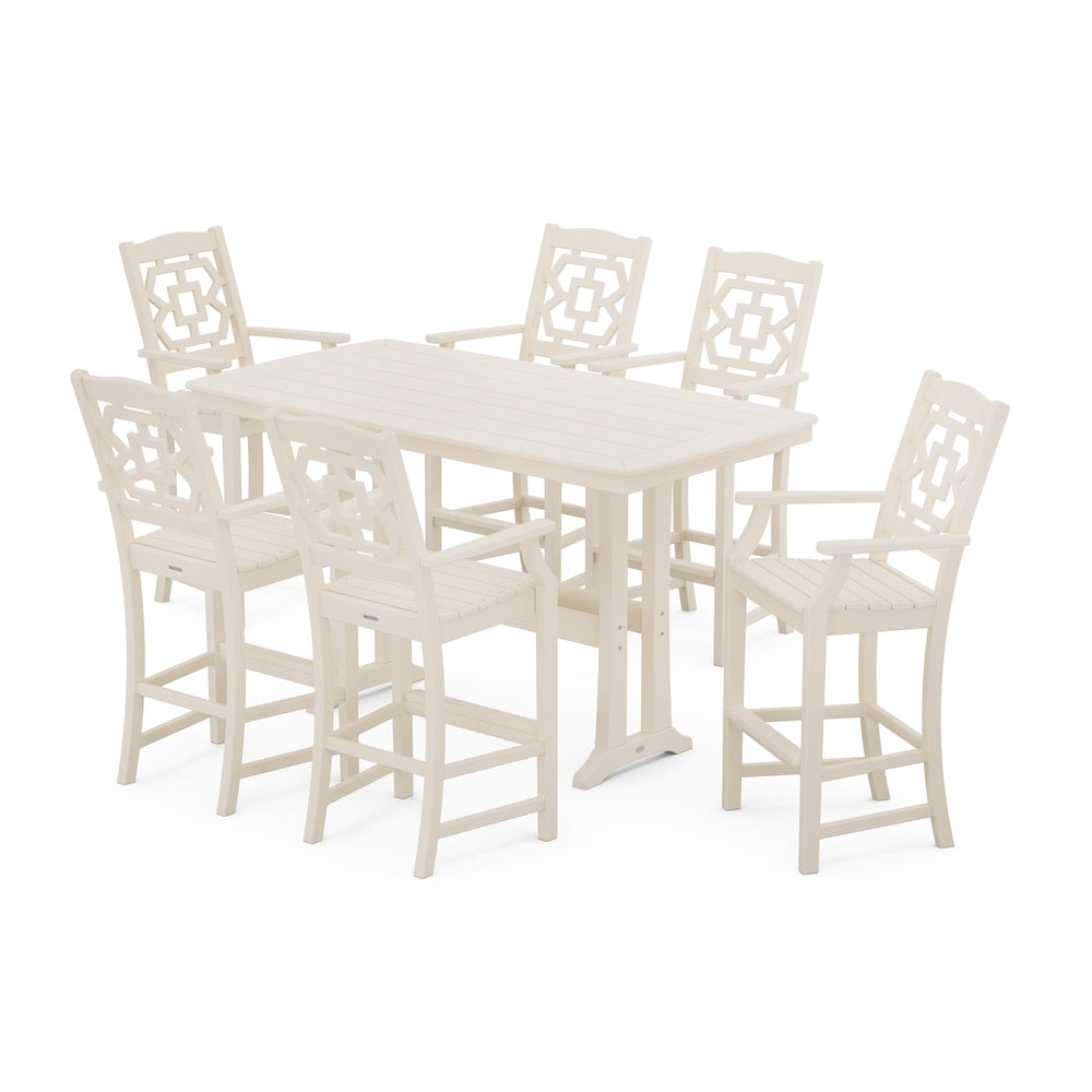 Chinoiserie Arm Chair 7-Piece Bar Set with Trestle Legs - Sand
