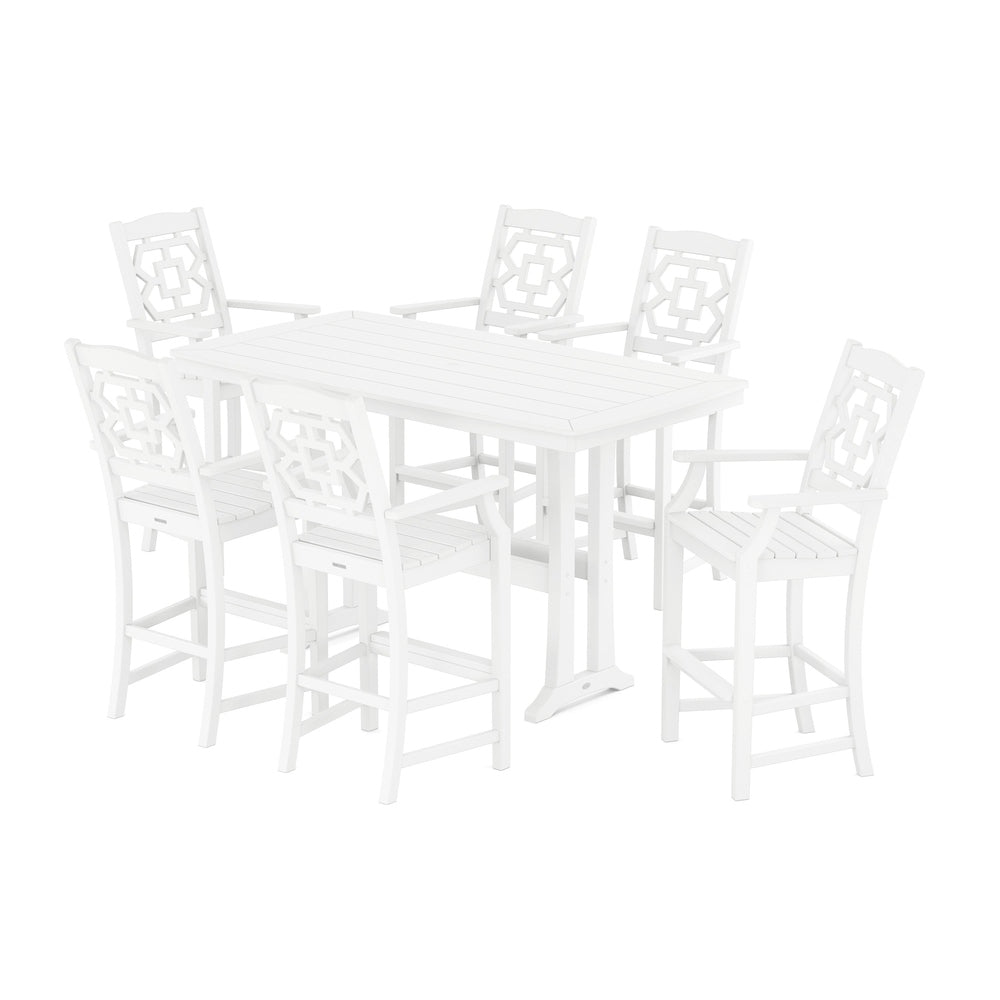 Chinoiserie Arm Chair 7-Piece Bar Set with Trestle Legs - White