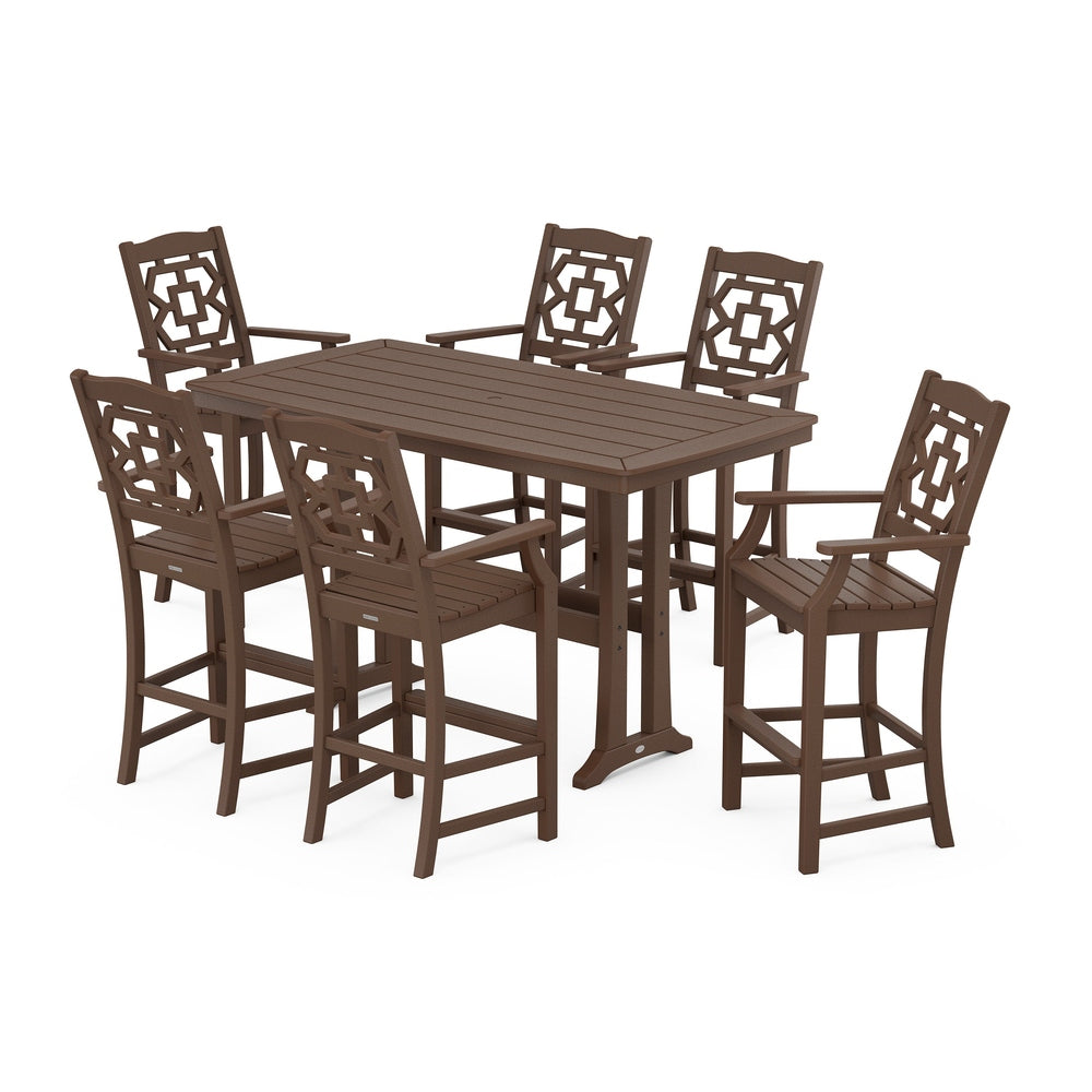 Chinoiserie Arm Chair 7-Piece Bar Set with Trestle Legs - Mahogany