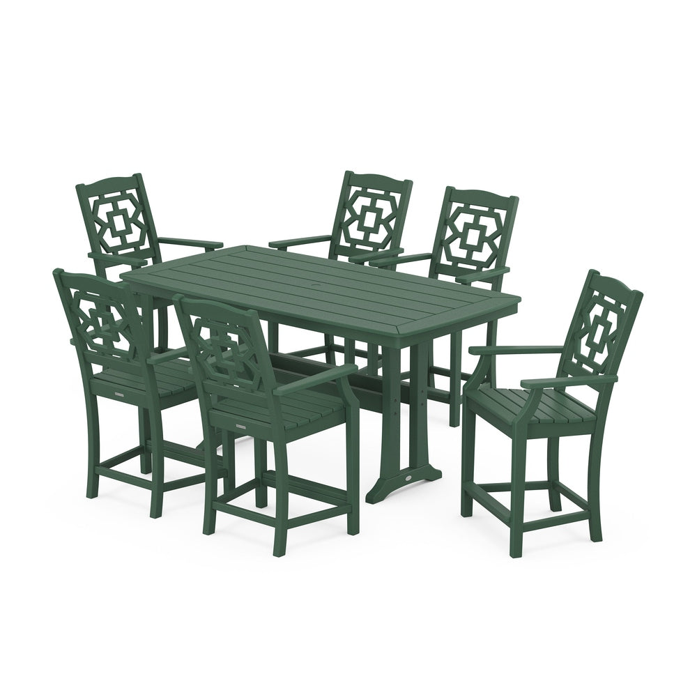 Chinoiserie Arm Chair 7-Piece Counter Set with Trestle Legs - Green