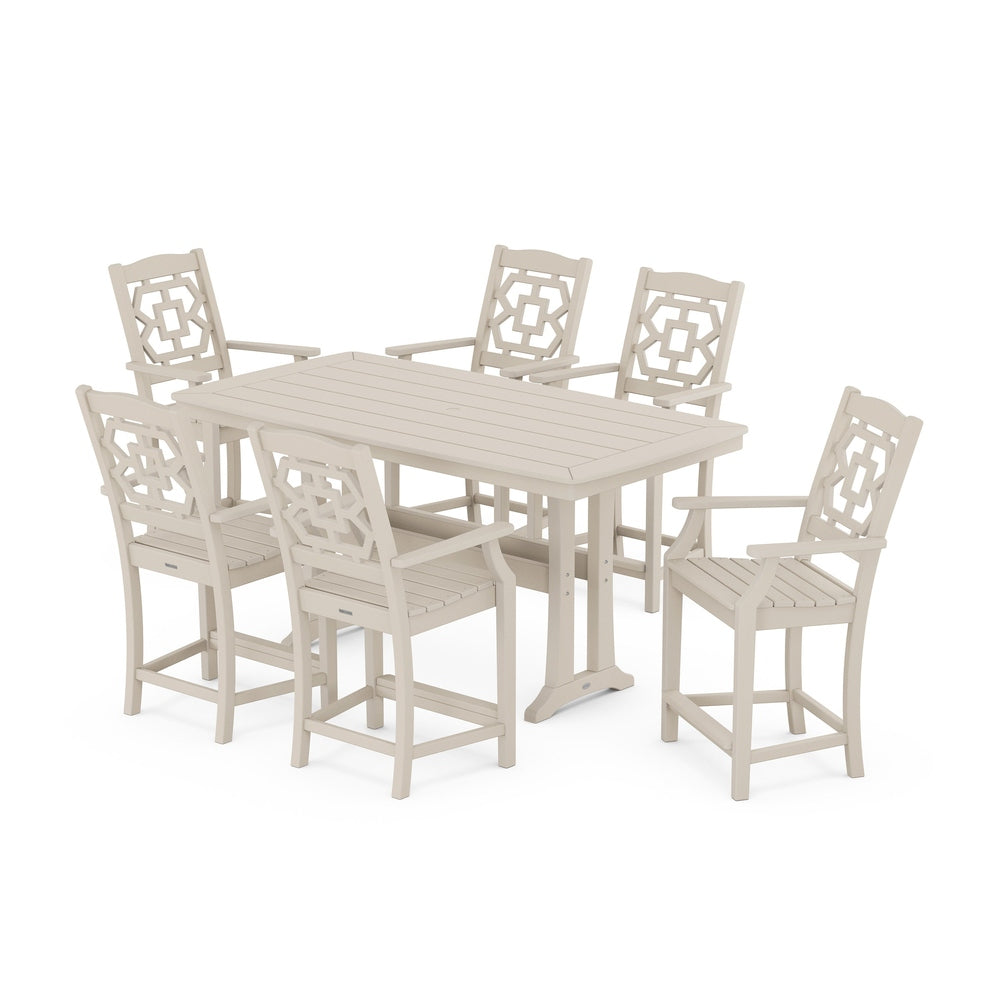 Chinoiserie Arm Chair 7-Piece Counter Set with Trestle Legs - Sand