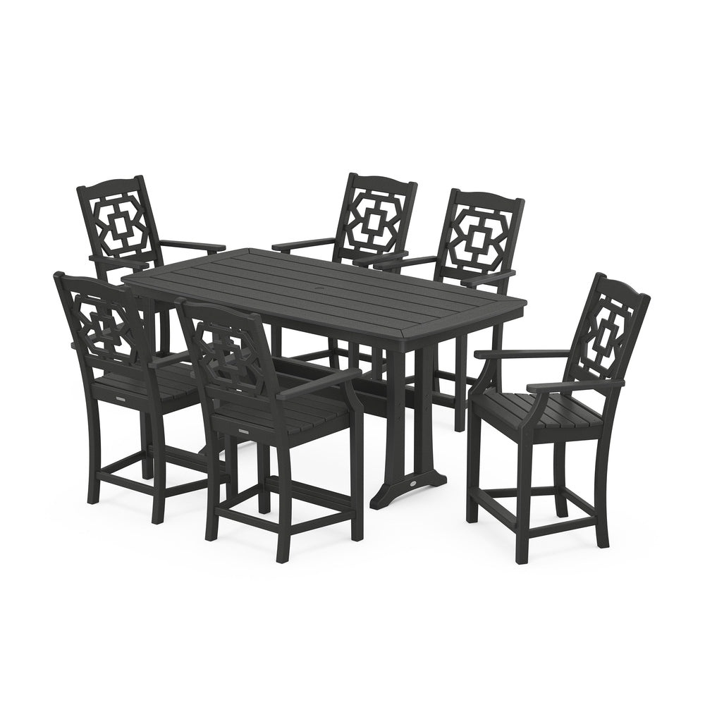 Chinoiserie Arm Chair 7-Piece Counter Set with Trestle Legs - Black