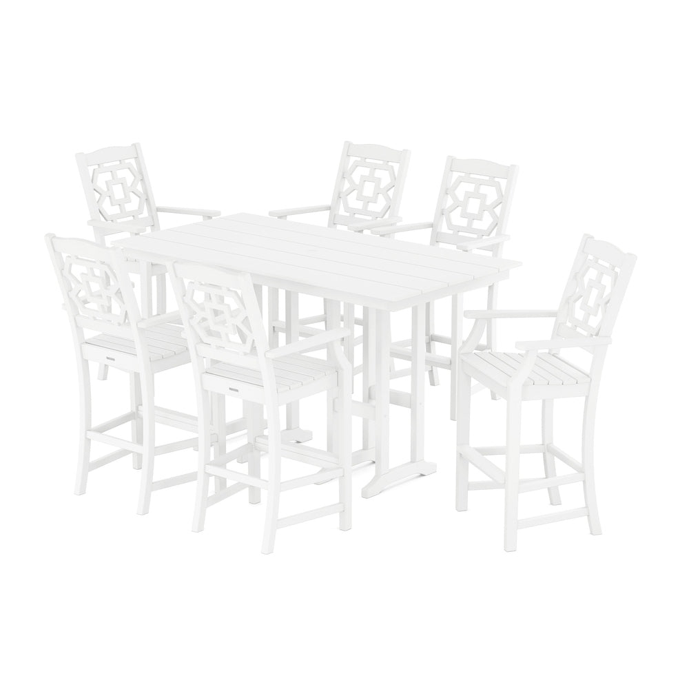 Chinoiserie Arm Chair 7-Piece Farmhouse Bar Set - White