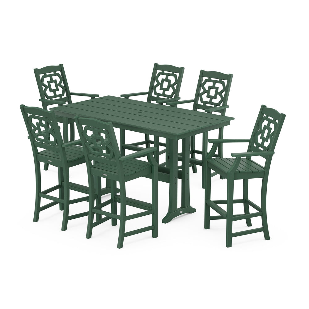 Chinoiserie Arm Chair 7-Piece Farmhouse Bar Set with Trestle Legs - Green