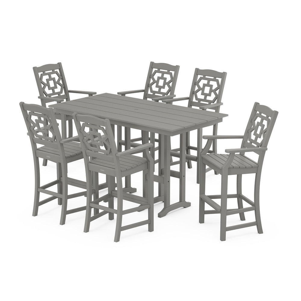 Chinoiserie Arm Chair 7-Piece Farmhouse Bar Set - Slate Grey