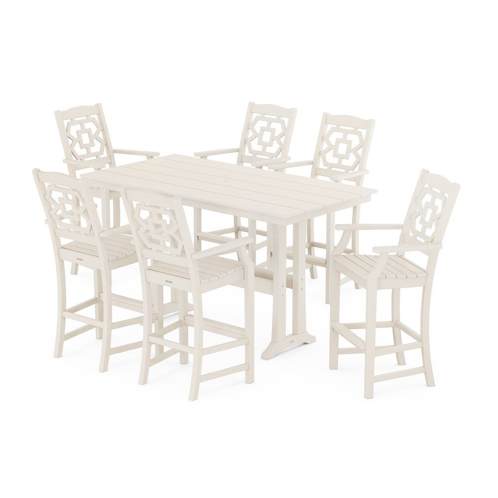 Chinoiserie Arm Chair 7-Piece Farmhouse Bar Set with Trestle Legs - Sand