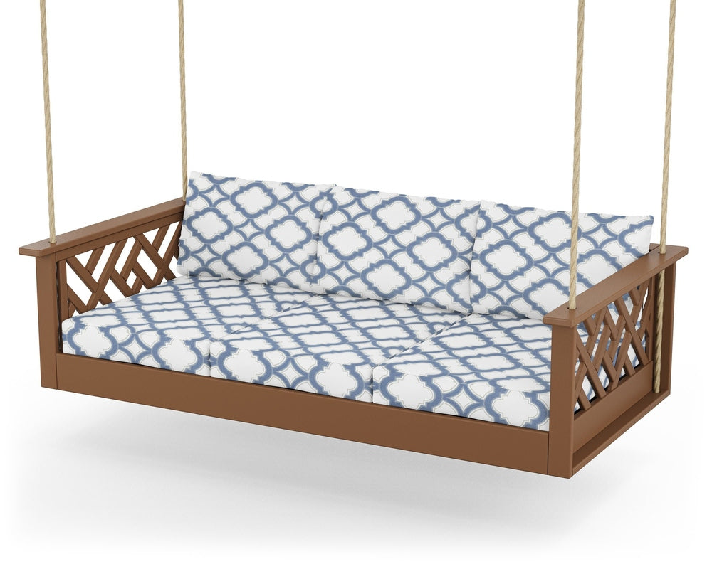 Chippendale Daybed Swing - Teak / Trellis Sky Blue