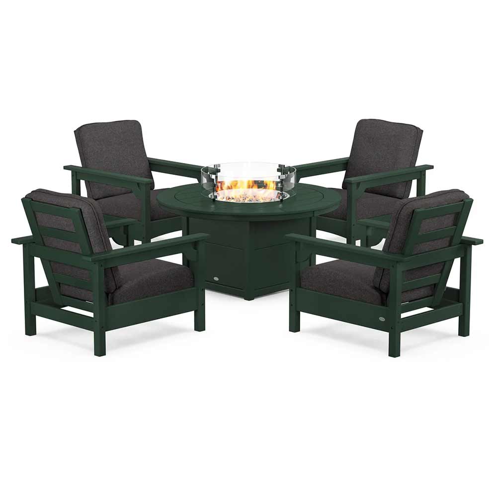 POLYWOOD® Fire Table Green / Ash Charcoal POLYWOOD® - Club 5-Piece Conversation Set with Fire Pit Table - PWS416