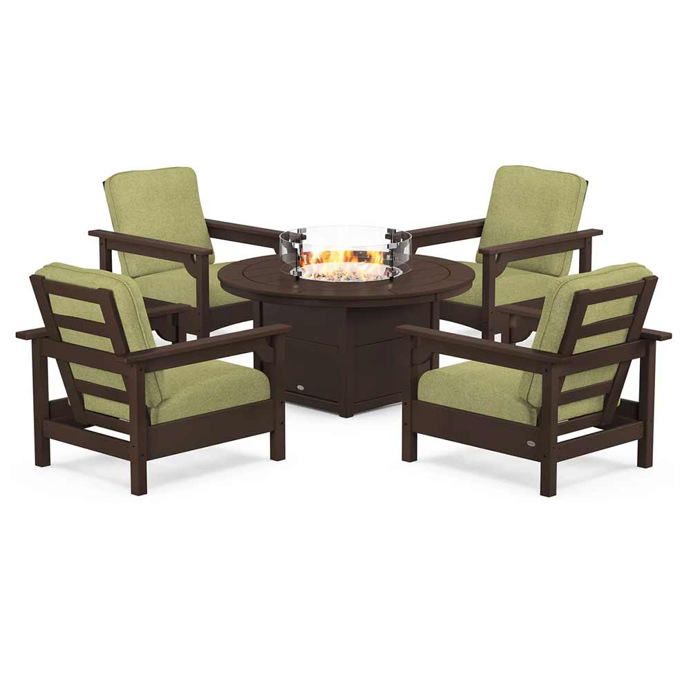 POLYWOOD® Fire Table Mahogany / Chartreuse Boucle POLYWOOD® - Club 5-Piece Conversation Set with Fire Pit Table - PWS416