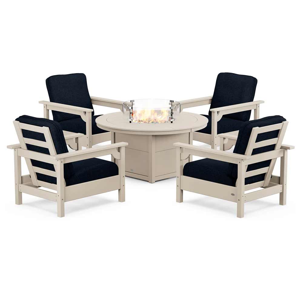 POLYWOOD® Fire Table Sand / Marine Indigo POLYWOOD® - Club 5-Piece Conversation Set with Fire Pit Table - PWS416