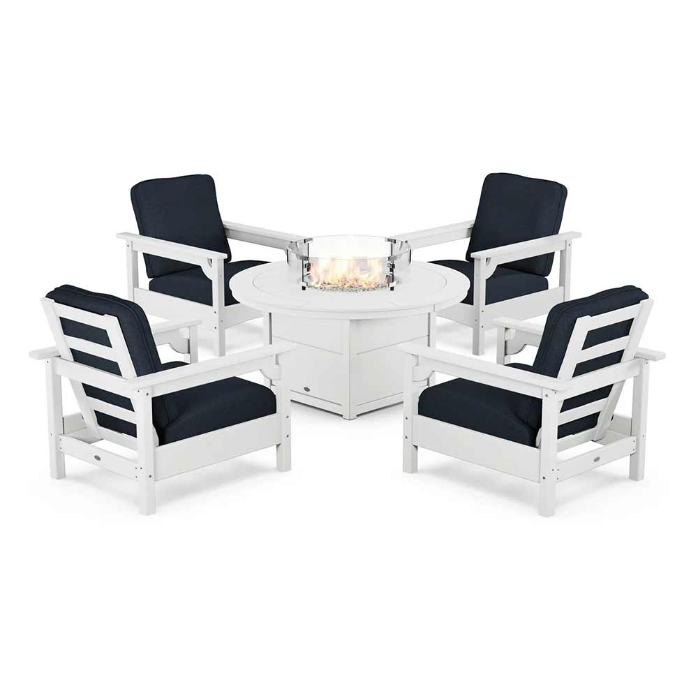 POLYWOOD® Fire Table White / Marine Indigo POLYWOOD® - Club 5-Piece Conversation Set with Fire Pit Table - PWS416
