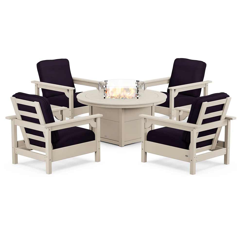 POLYWOOD® Fire Table Sand / Navy Linen POLYWOOD® - Club 5-Piece Conversation Set with Fire Pit Table - PWS416