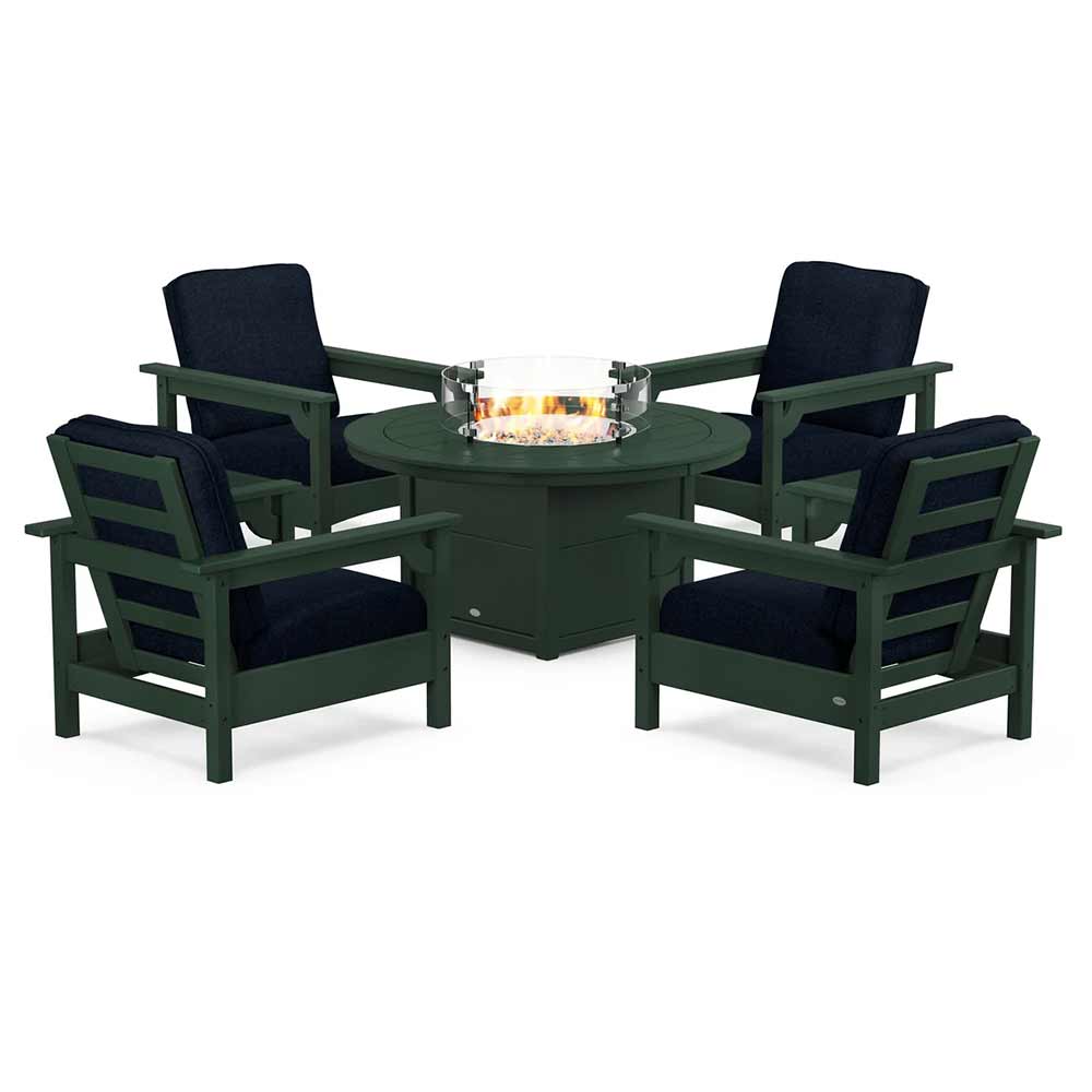 POLYWOOD® Fire Table Green / Marine Indigo POLYWOOD® - Club 5-Piece Conversation Set with Fire Pit Table - PWS416