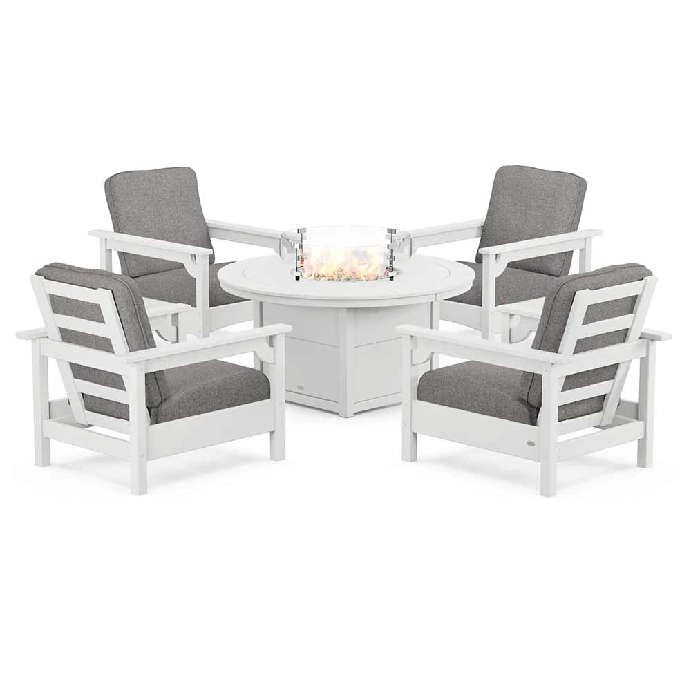 POLYWOOD® Fire Table White / Grey Mist POLYWOOD® - Club 5-Piece Conversation Set with Fire Pit Table - PWS416