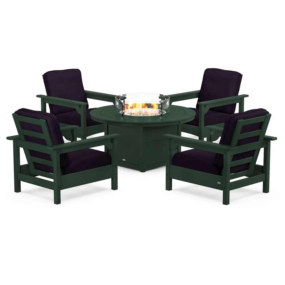 POLYWOOD® Fire Table Green / Navy Linen POLYWOOD® - Club 5-Piece Conversation Set with Fire Pit Table - PWS416