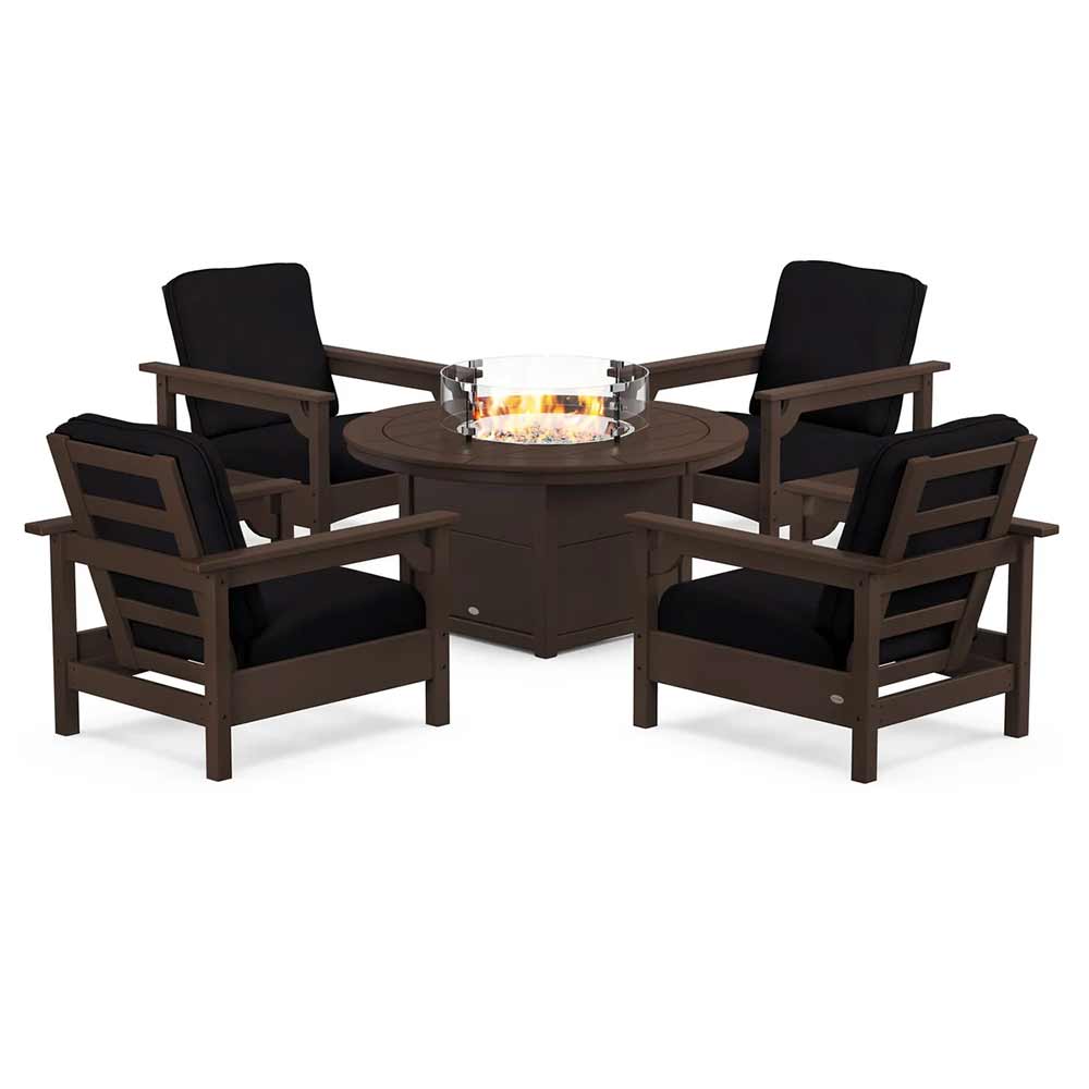 POLYWOOD® Fire Table Mahogany / Midnight Linen POLYWOOD® - Club 5-Piece Conversation Set with Fire Pit Table - PWS416