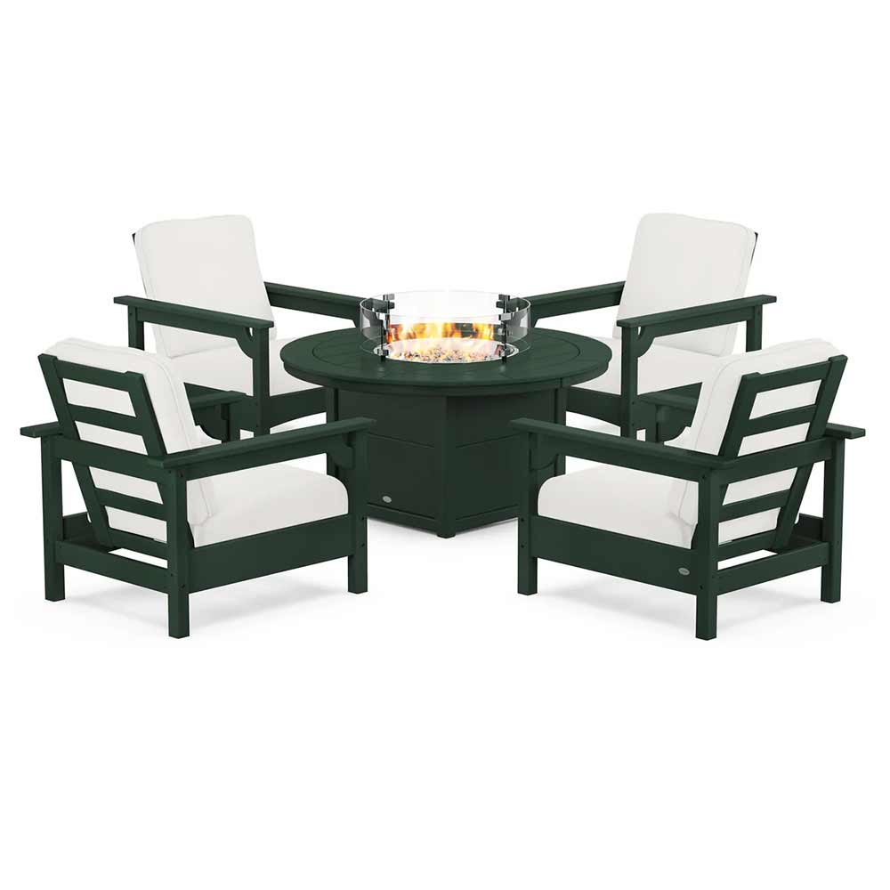 POLYWOOD® Fire Table Green / Natural Linen POLYWOOD® - Club 5-Piece Conversation Set with Fire Pit Table - PWS416