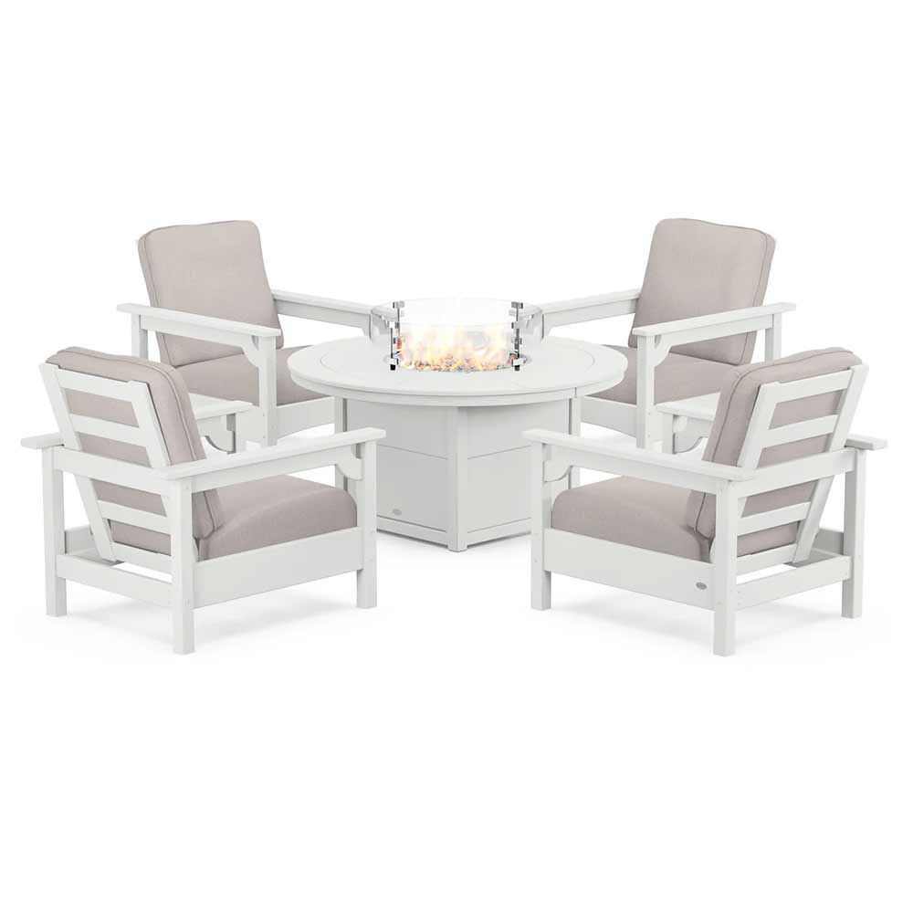 POLYWOOD® Fire Table White / Dune Burlap POLYWOOD® - Club 5-Piece Conversation Set with Fire Pit Table - PWS416