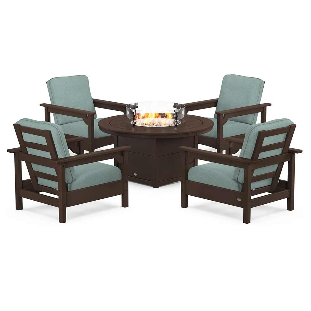 POLYWOOD® Fire Table Mahogany / Glacier Spa POLYWOOD® - Club 5-Piece Conversation Set with Fire Pit Table - PWS416
