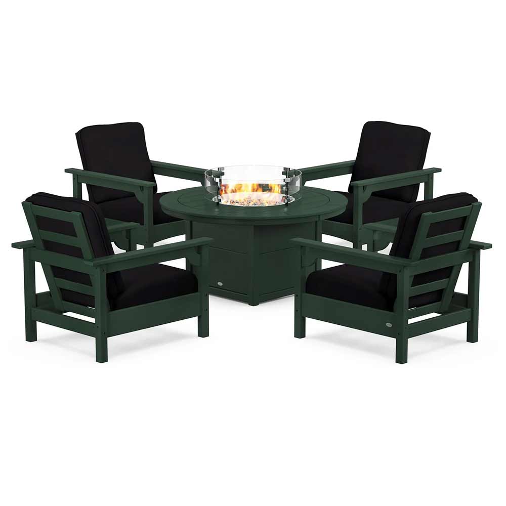 POLYWOOD® Fire Table Green / Midnight Linen POLYWOOD® - Club 5-Piece Conversation Set with Fire Pit Table - PWS416
